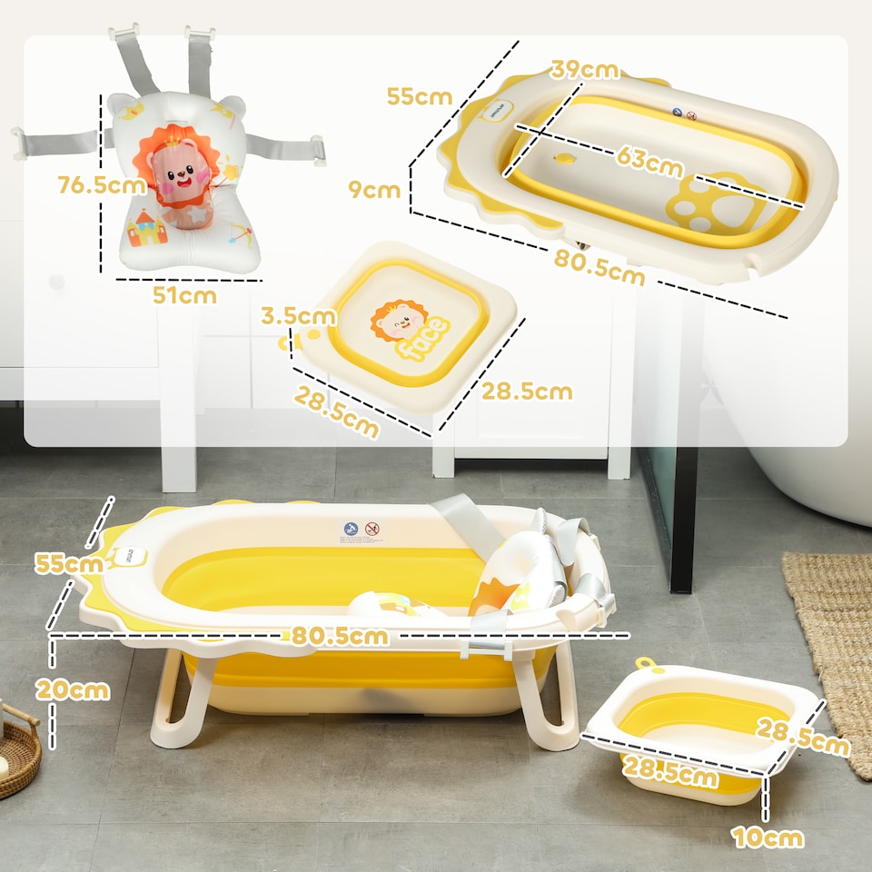image 1 of AIYAPLAY Foldable Baby Bath Tub Set with Bath Cushion, Wash Basin, Yellow