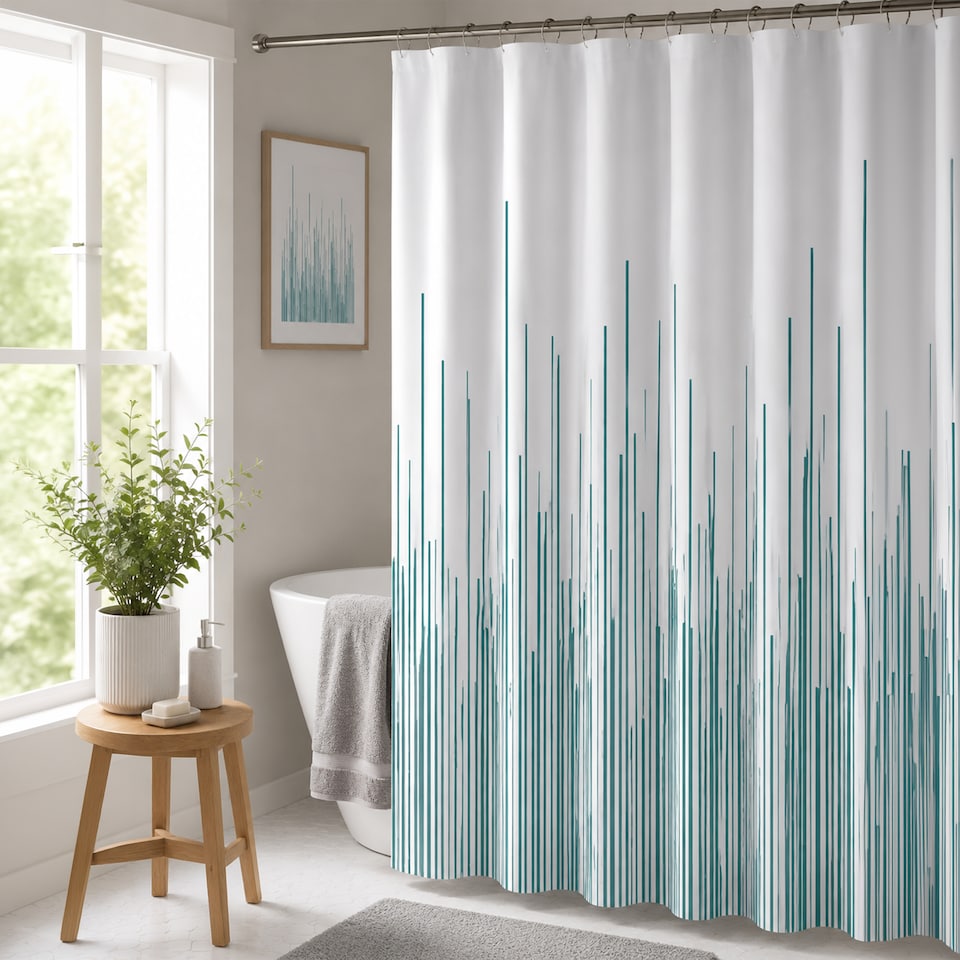 image 1 of Showerdrape City White & Teal Shower Curtain | Blue | Teal | 1