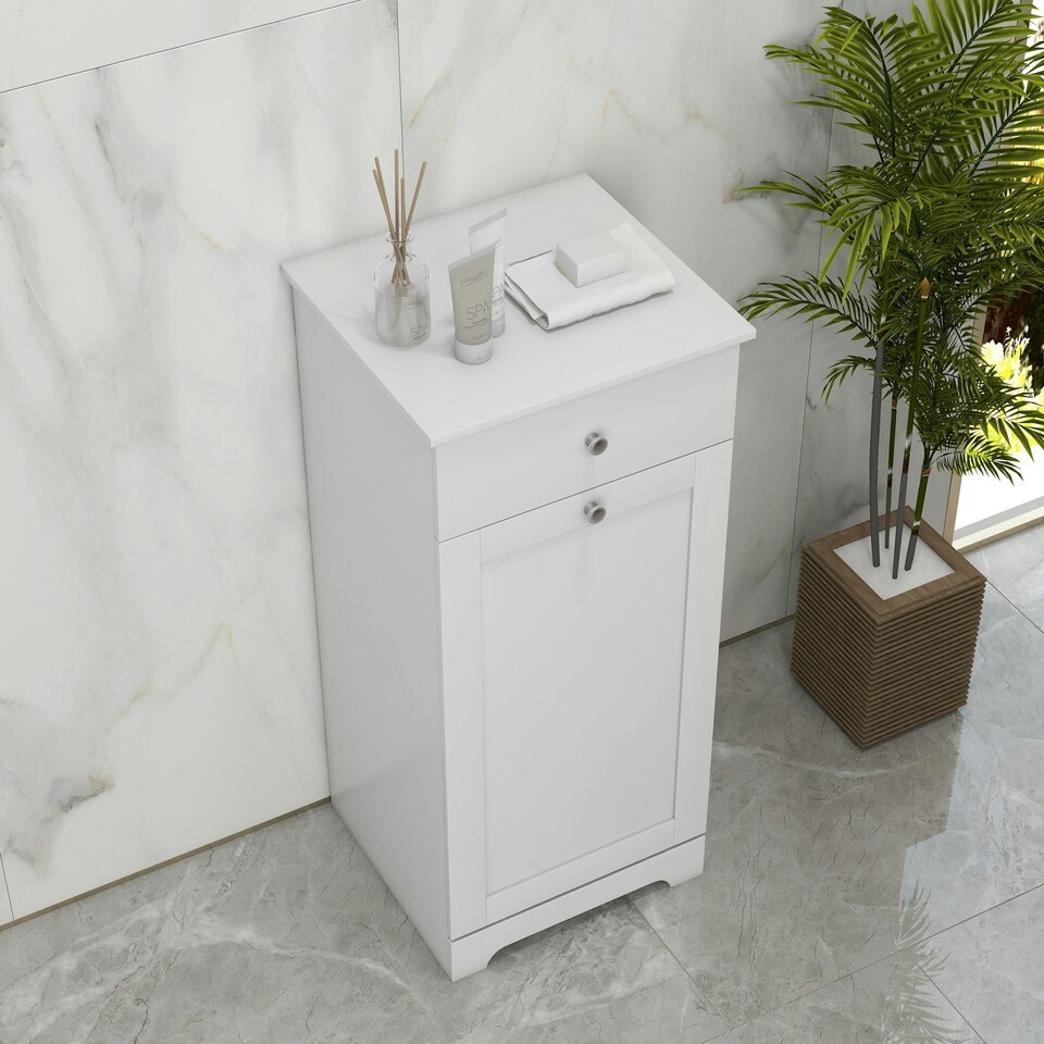 image 1 of HOMCOM Bathroom Cabinet with Folding Laundry Hamper and Drawer, White