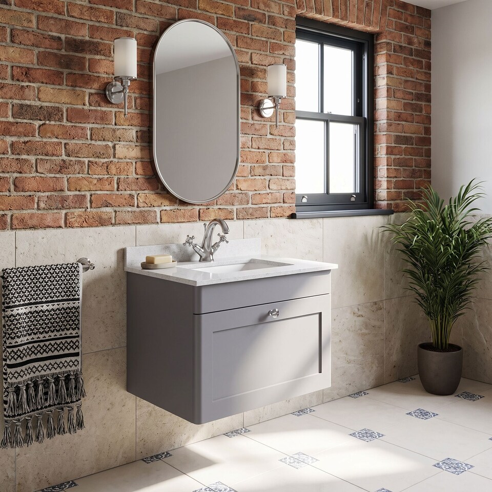 image 1 of Balterley Swynnerton Traditional 1 Drawer Wall Hung Vanity Unit with Marble Basin, Satin Grey, 600mm