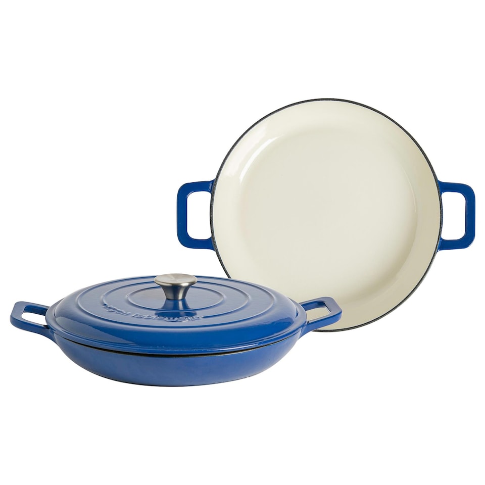 image 1 of Argon Tableware Cast Iron Shallow Casserole Dishes - Enameled Dutch Oven - Self-Basting Lid - Hob to Oven - 3.5 Litre - Midnight Blue - Pack of 2 | Blue | Midnight Blue