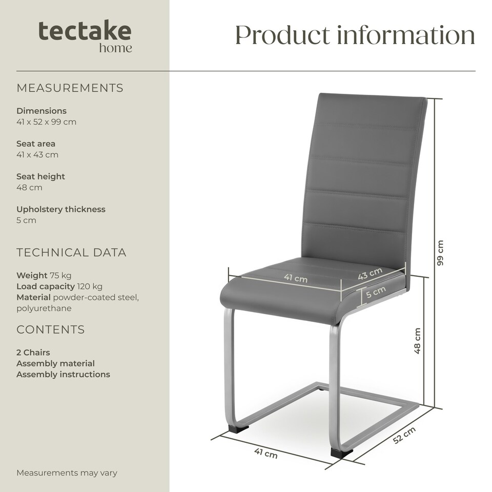 image 1 of Dining Chairs - cantilevered, high backrest, flat steel frame - Set of 2 Grey