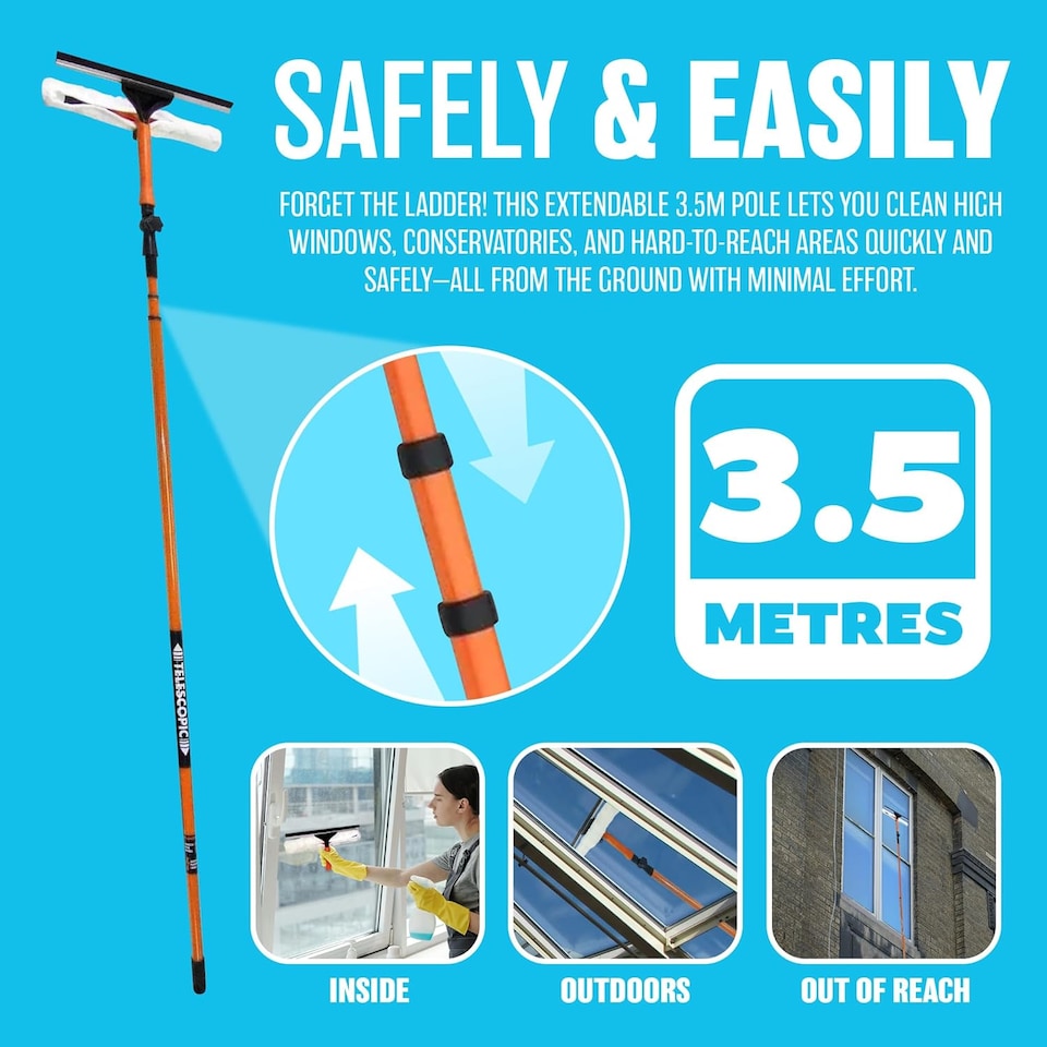 image 1 of 3.5m Telescopic Extending Window Cleaner Kit Glass Clean Multi Use