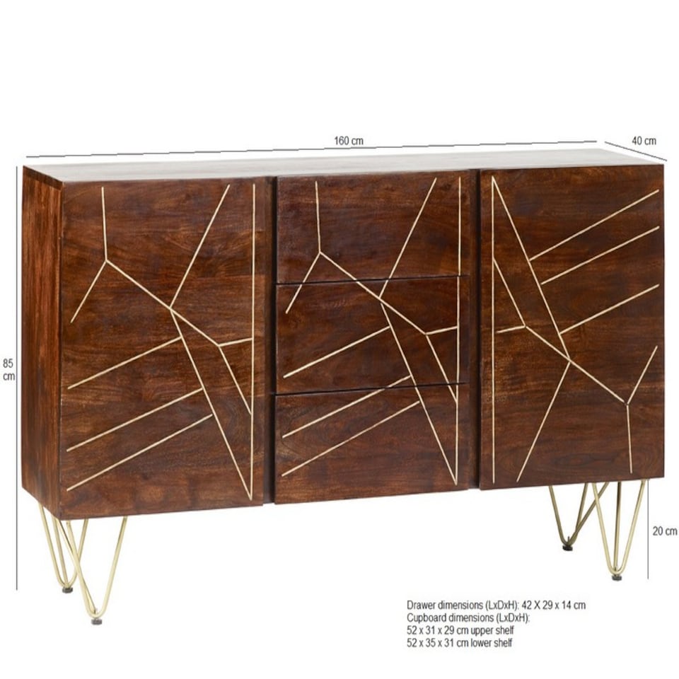 image 1 of Dark Gold Extra Large Sideboard 3 Drawers And 2 Doors - Solid Mango Wood - L40 x W160 x H85 cm | Brown