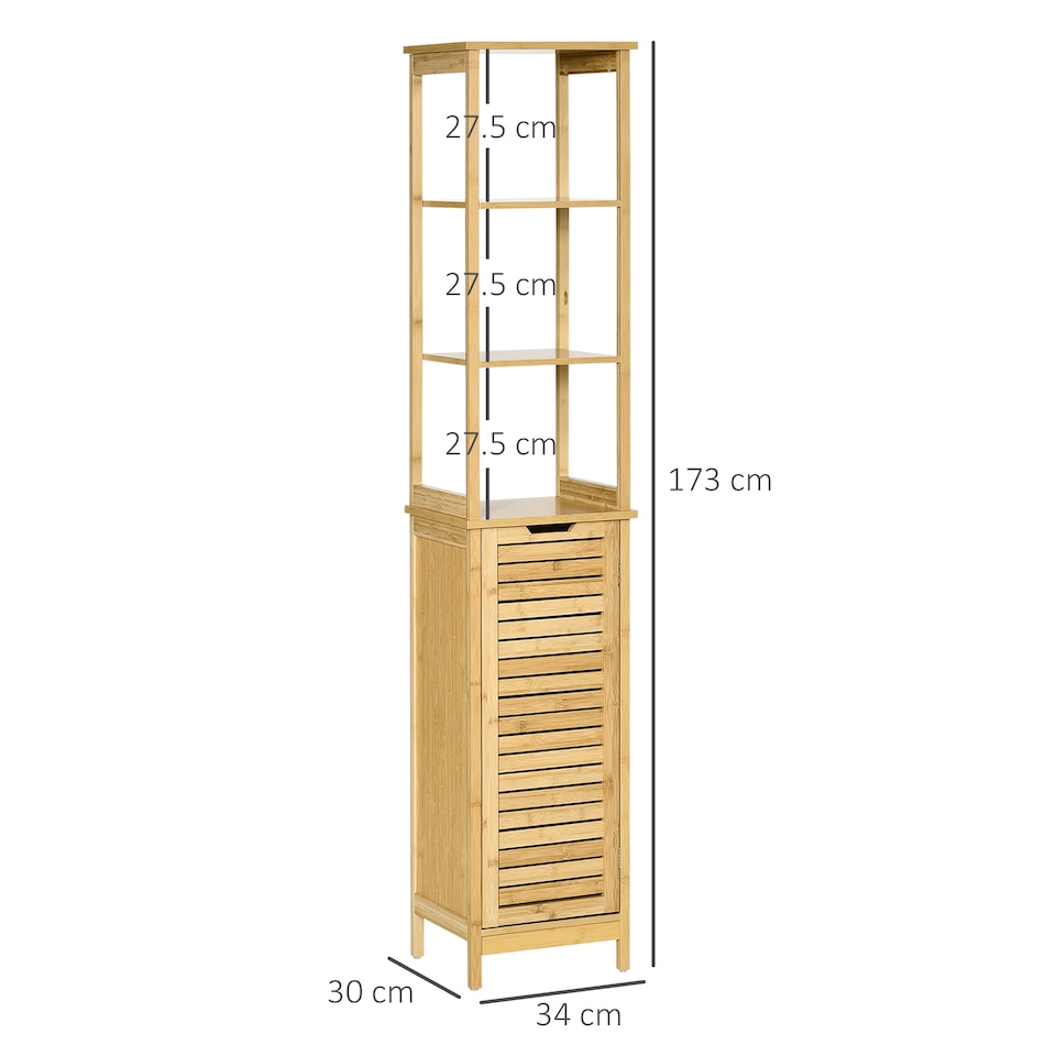 image 1 of kleankin Tall Bathroom Cabinet, Slim Storage Cabinet, Tallboy Bamboo Storage Unit with 3-Tier Storage Shelves and Freestanding Organiser, Natural