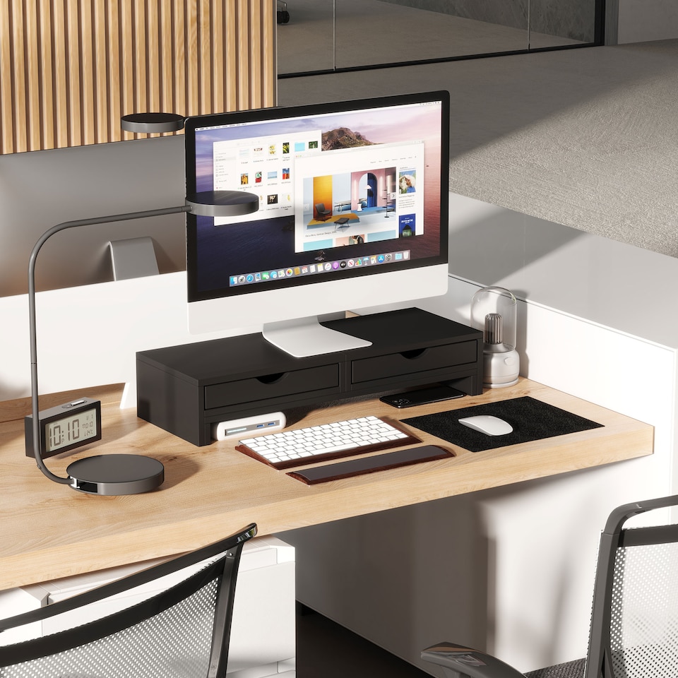 image 1 of HOMCOM Dual Monitor Stand Riser with 2 Drawers, Adjustable Length and Angle, 116cm Monitor Riser for Laptop, Computer, PC, Small Printer, Black