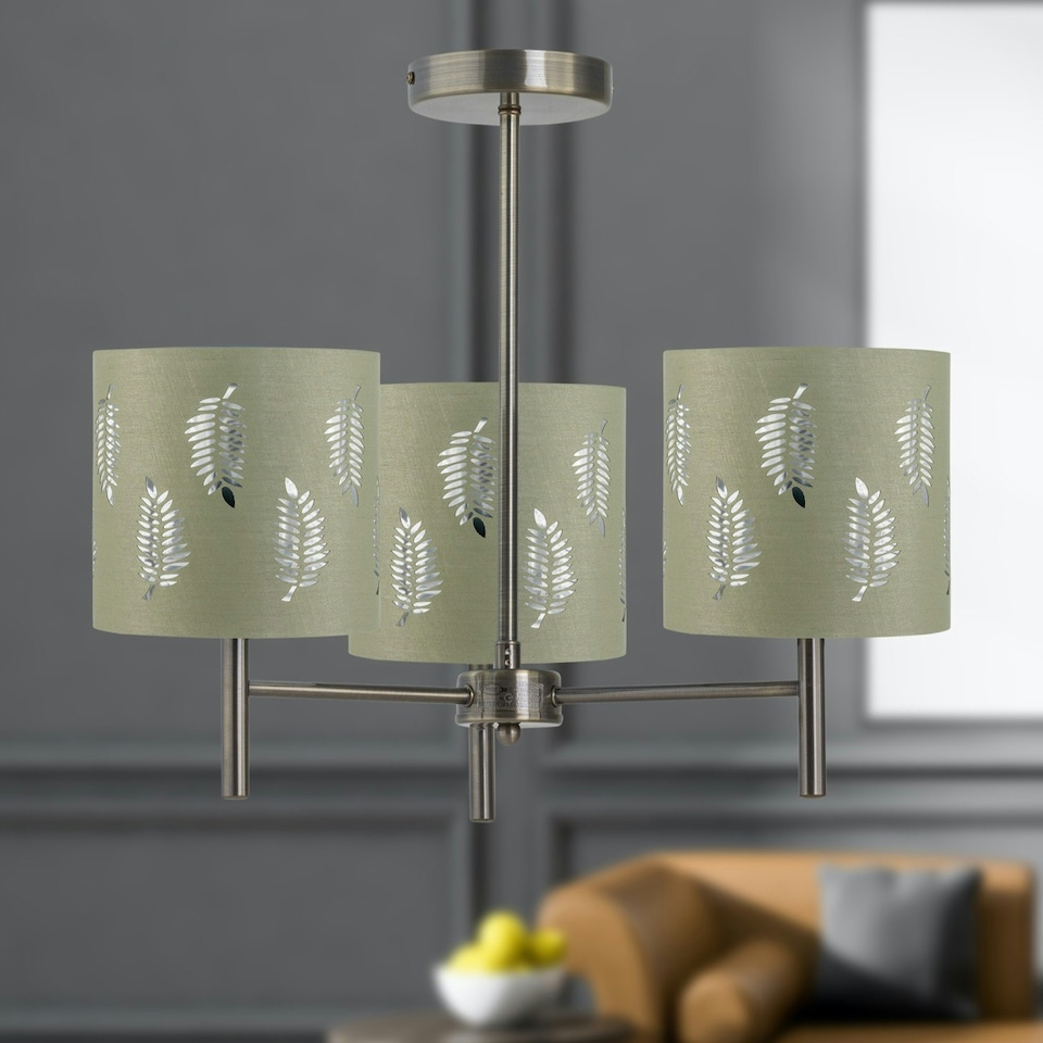 image 1 of Brea - Antique Brass 3 Light Fitting with Sage Green Fern Shades Bronze | Green