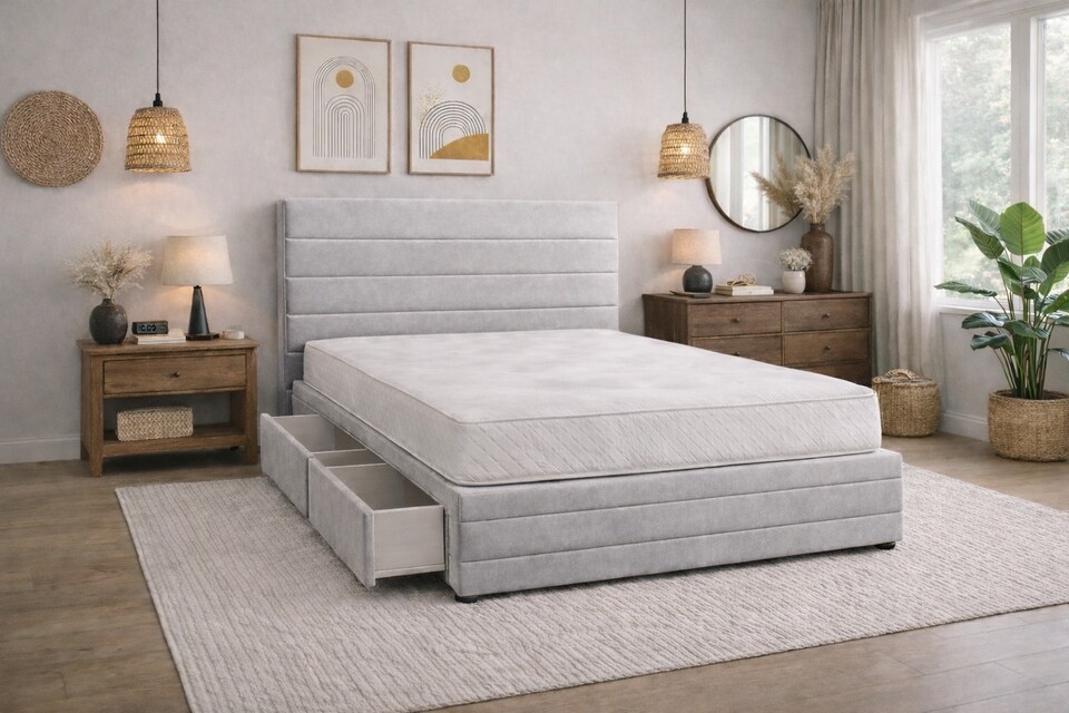 image 1 of Divan Bed Set Headboard and Footboard with Mattress 2ft6 Small Single Silver Suede Storage 2 Drawers Right Side Laying in Bed