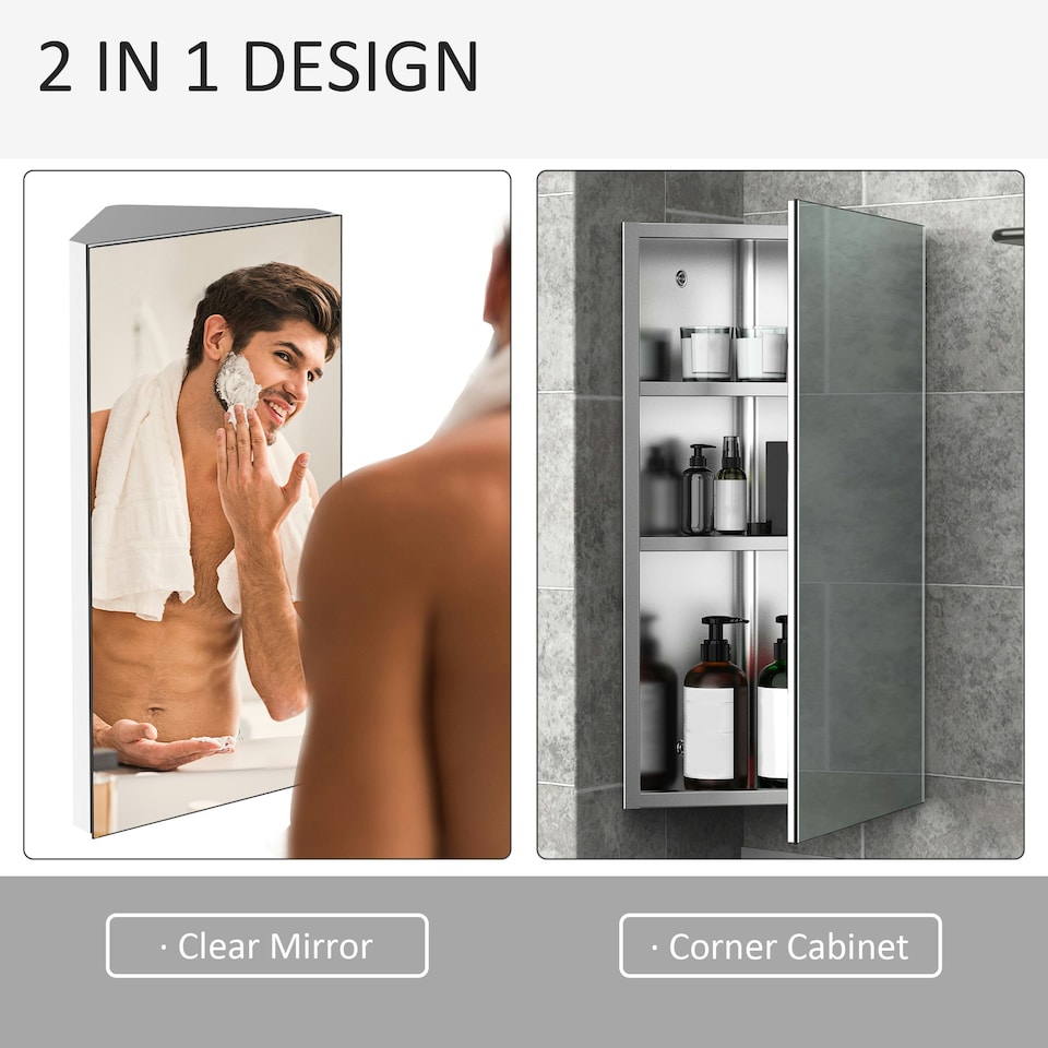 image 1 of HOMCOM Bathroom Corner Wall Mirror Storage Cabinet Cupboard Stainless Steel