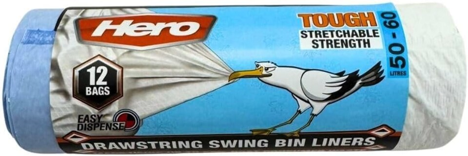 image 1 of Hero Swing Bin Bag Liners – 12 White Drawstring Refuse Sacks | Embossed Stretchable Strong Bin Bags 50–60L for Bathroom, Bedroom & Kitchen Bins