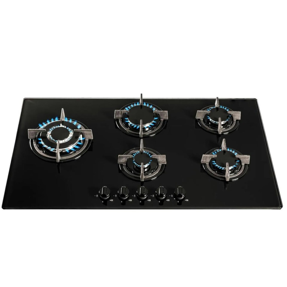 image 1 of SIA GHG902BL 90cm Black Glass 5 Burner Gas Hob With Cast Iron Pan Stands & Wok Burner