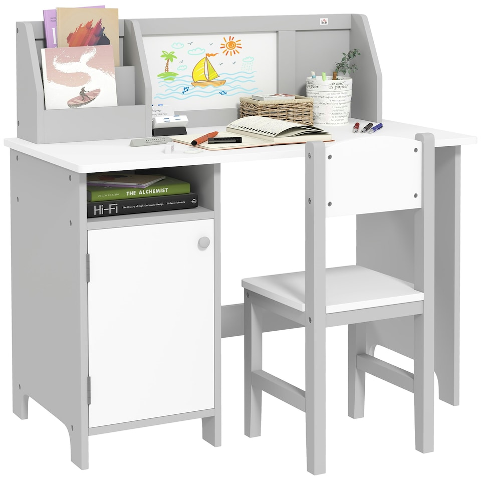 image 1 of HOMCOM Kids Table and Chair Set 2 PCs Table and Chair Set w/ Whiteboard Grey