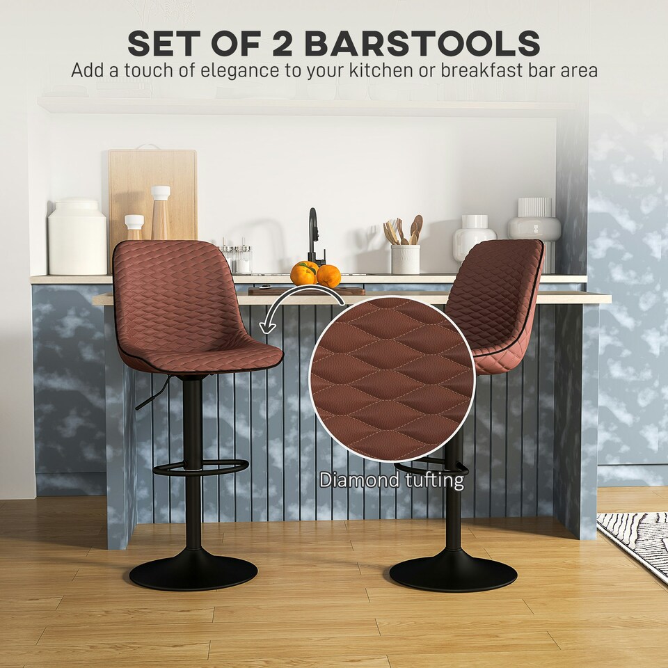 image 1 of HOMCOM Set of 2 Bar Stools, Adjustable Swivel Breakfast Barstools, Brown Brown
