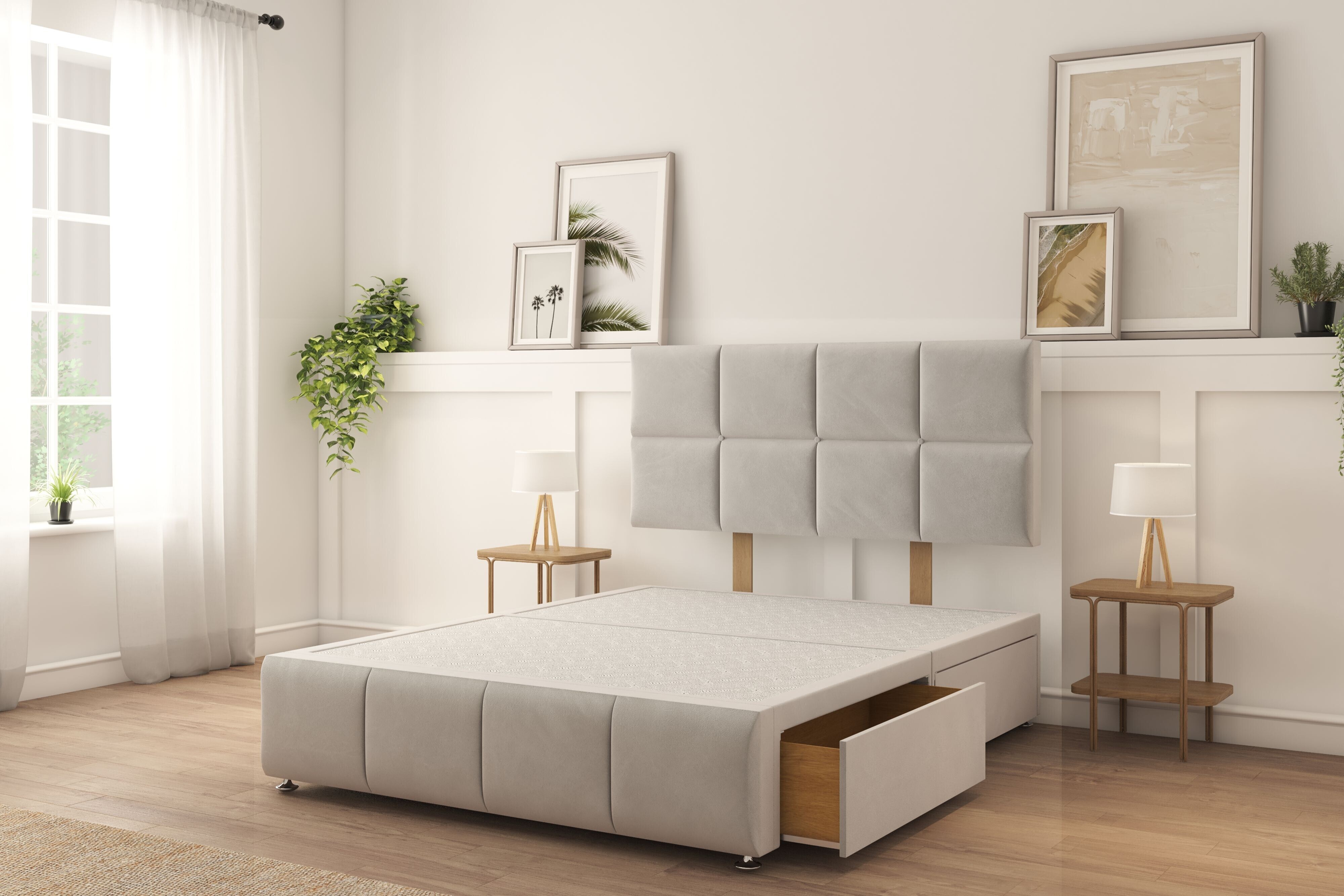 Sloomy Sterling Silver Plush Divan Bed Base 4 Drawers With 26" Strutted Headboard & 12" Footboard 4'6 Double