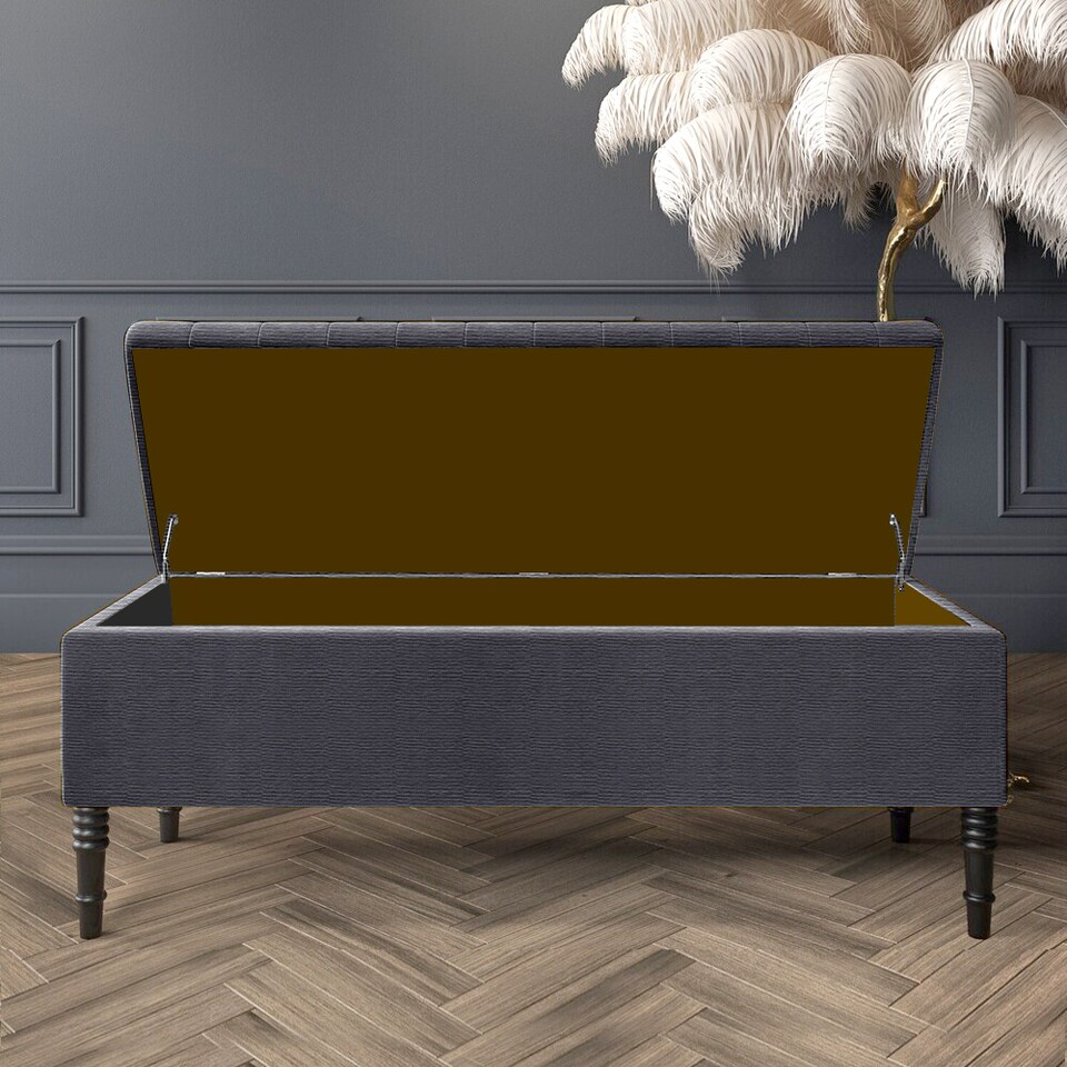 image 1 of 90cm Paris Striped Ottoman Storage Bench -Upholstered Shoes Bench with Black Turned Wooden Legs - Charcoal Naple Ottoman Bench