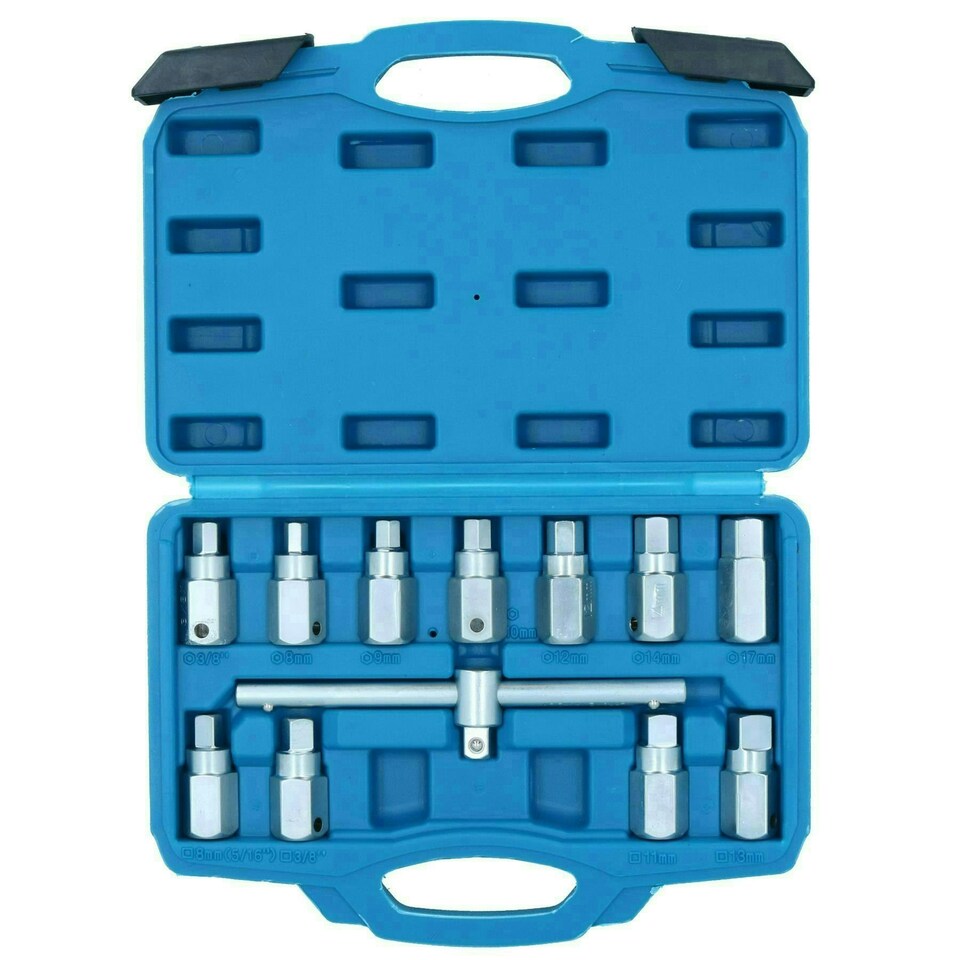 image 1 of 12pc Oil Drain Plug Key Set For Gear Boxes Back Axles Gearbox Hex + Square Bits