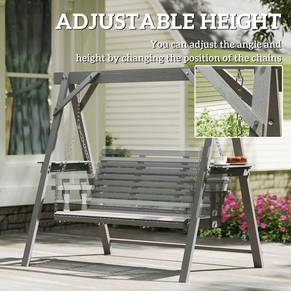 image 1 of Outsunny 3 Seater Wooden Garden Swing Chair with Side Tables, Dark Grey | Grey | Dark Grey | L