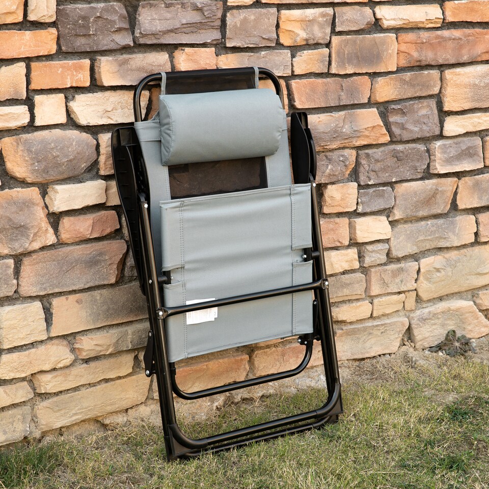 image 1 of Outsunny Set of 2 Portable Folding Recliner Metal Outdoor Patio Chaise Lounge Chairs with Adjustable Backrest, Grey