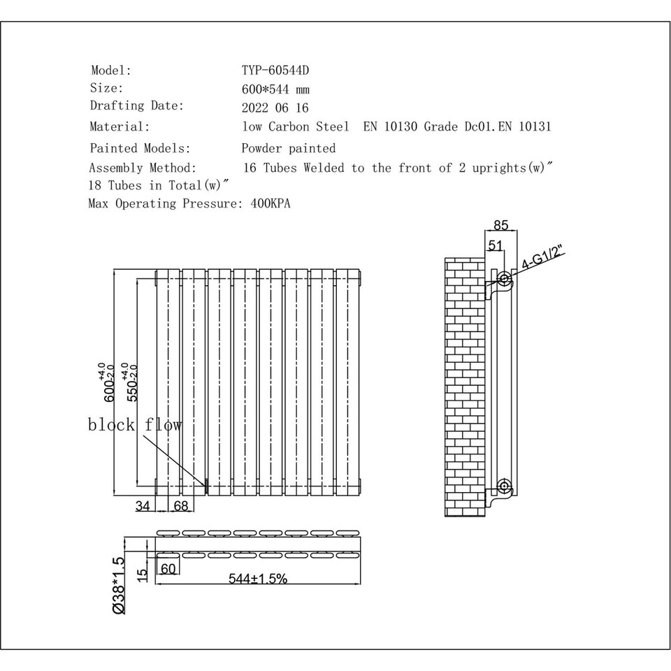 image 1 of Typhoon Horizontal Double Panel Heated Bathroom Radiator - White - (H) 600mm x (W) 544mm