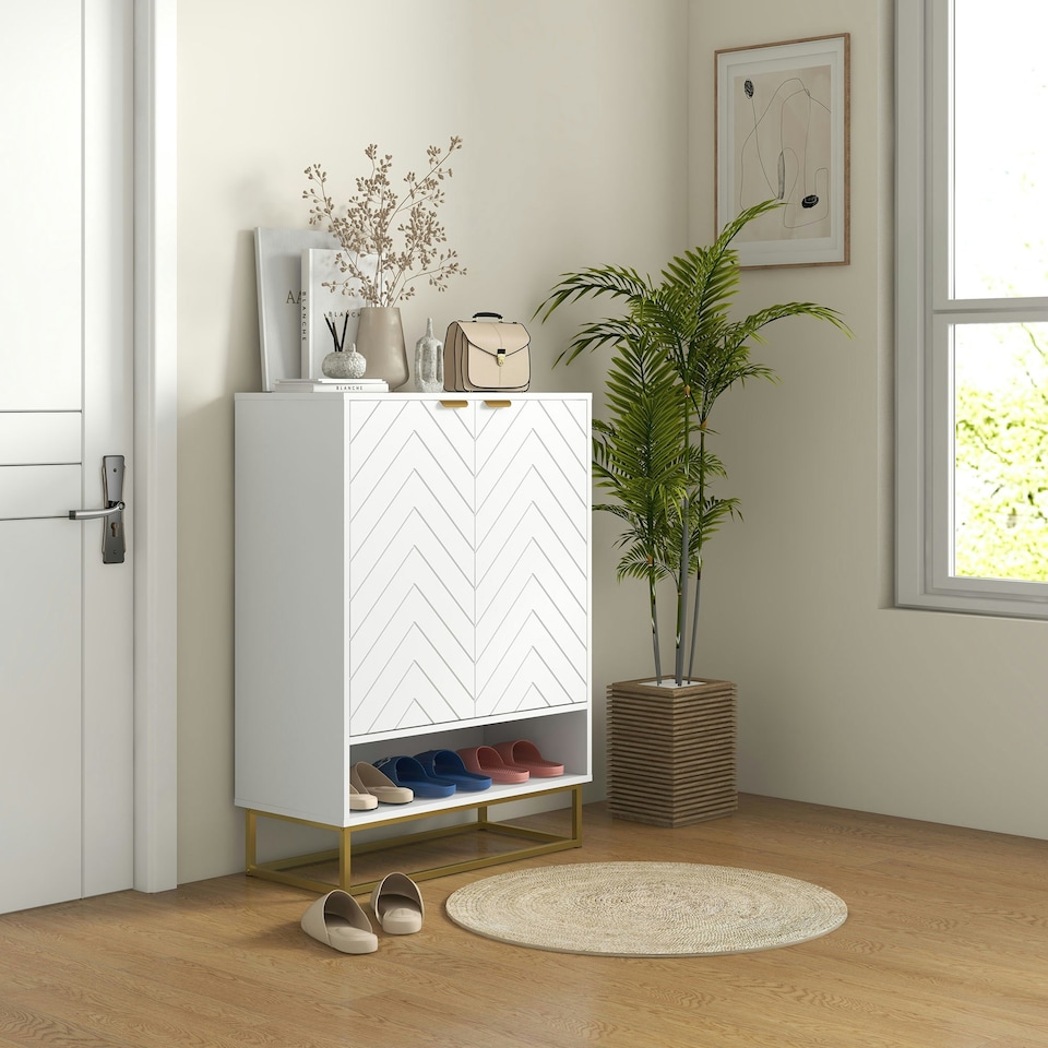image 1 of HOMCOM Shoe Cabinet with 2 Chevron Doors, Adjustable Shelf for 12 Pairs