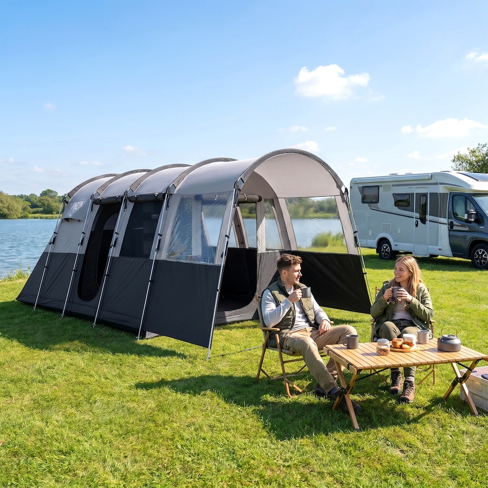 image 1 of Outsunny 8-Person Camping Tent Tunnel Design with 4 Large Windows Dark Grey