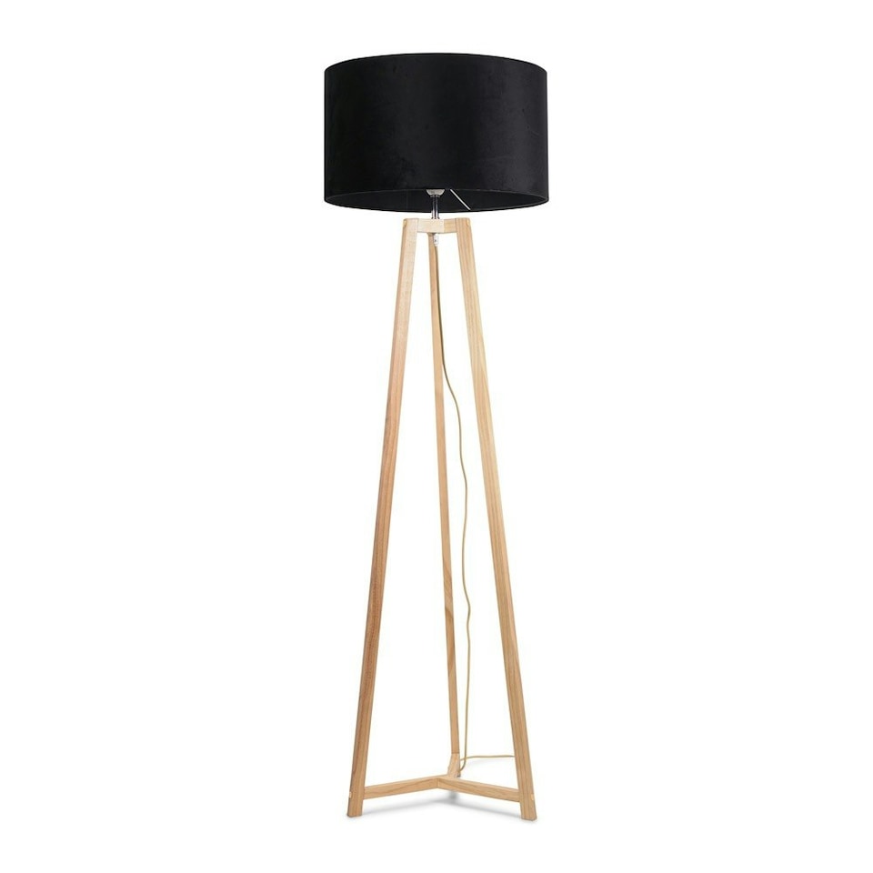 image 1 of ValueLights Lottie Natural Wood Tripod Floor Lamp with Black Velvet Drum Shade