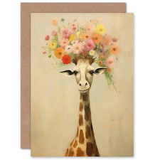 Cheerful Wildflower Bouquet Hat Giraffe Birthday Card