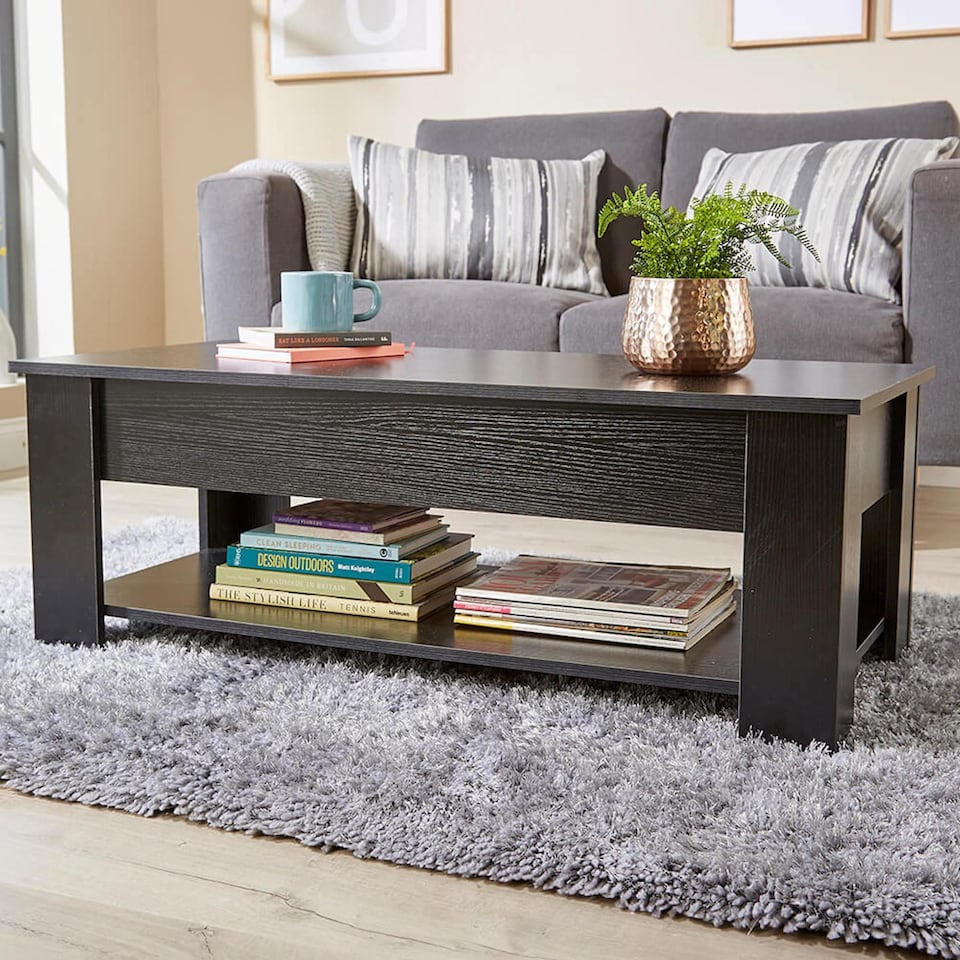 image 1 of Wooden Coffee Table With Lift Up Top Storage Area and Magazine Shelf | Black