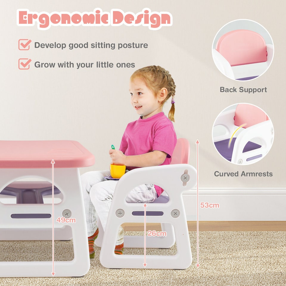image 1 of COSTWAY 3-Piece Kids Table and Chairs Set with Rack Pink