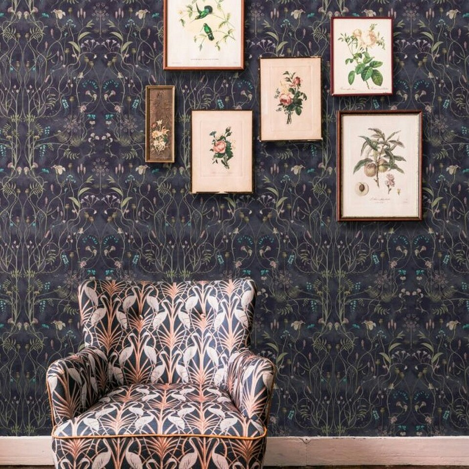image 1 of The Chateau By Angel Strawbridge The Wild Flower Garden Wallpaper - Indigo/Green/Pink - 10m x 53cm Blue