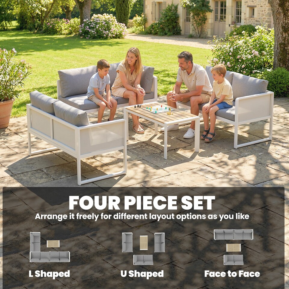 image 1 of Outsunny 6 Seater Metal Garden Furniture L Shaped Corner Sofa Set, White