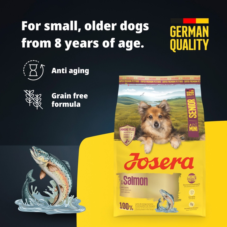 image 1 of Josera Mini Senior Salmon | Complete dry food for toy & small dogs | Grain free | Single meat protein | Smaller kibble | Herbs & fruits | 0.9kg