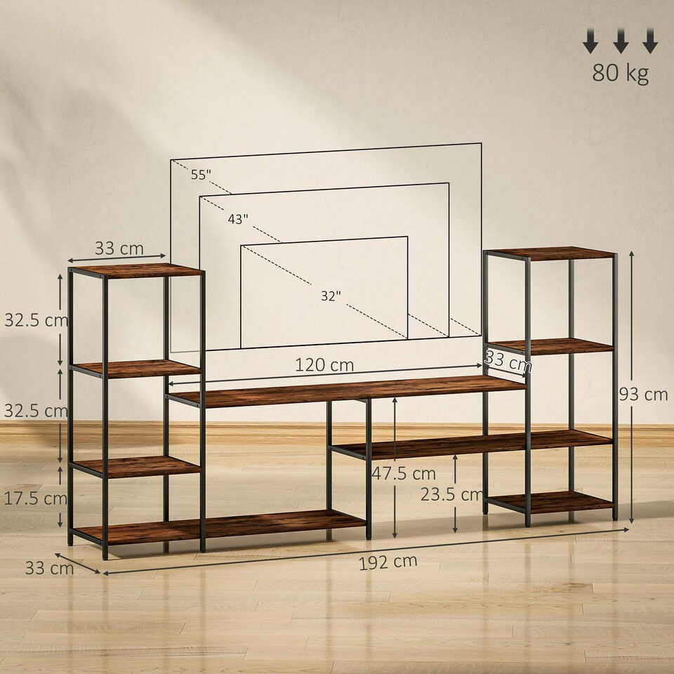 image 1 of HOMCOM TV Unit for TVs up to 55 Inches, Industrial TV Stand with Shelves Brown