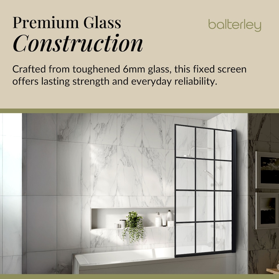 image 1 of Balterley Framed Grid Hinged Reversible Shower Bath Screen Toughened Safety Glass