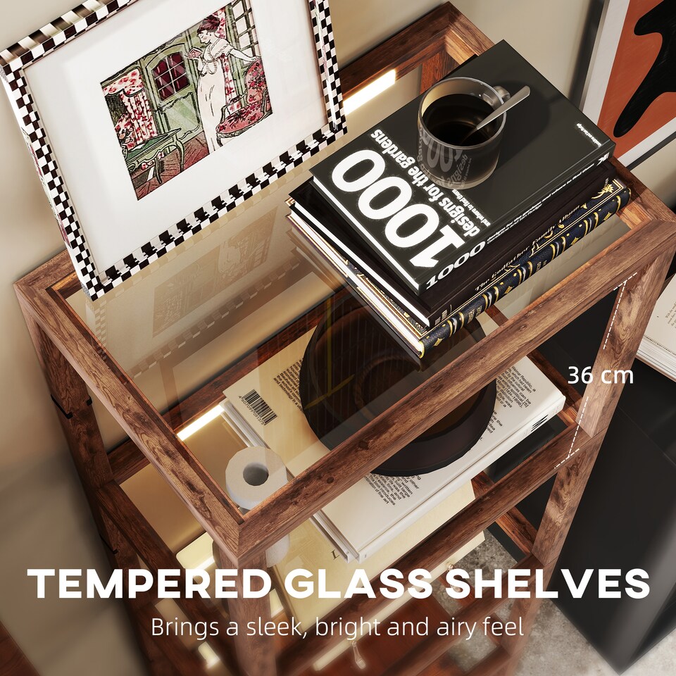 image 1 of HOMCOM LED Floor Lamp with Glass Shelves, 4 Layers Dimmable Tall Standing Lamp, Modern Column Shelf Floor Light for Living Room, Bedroom, Office, Rustic Brown