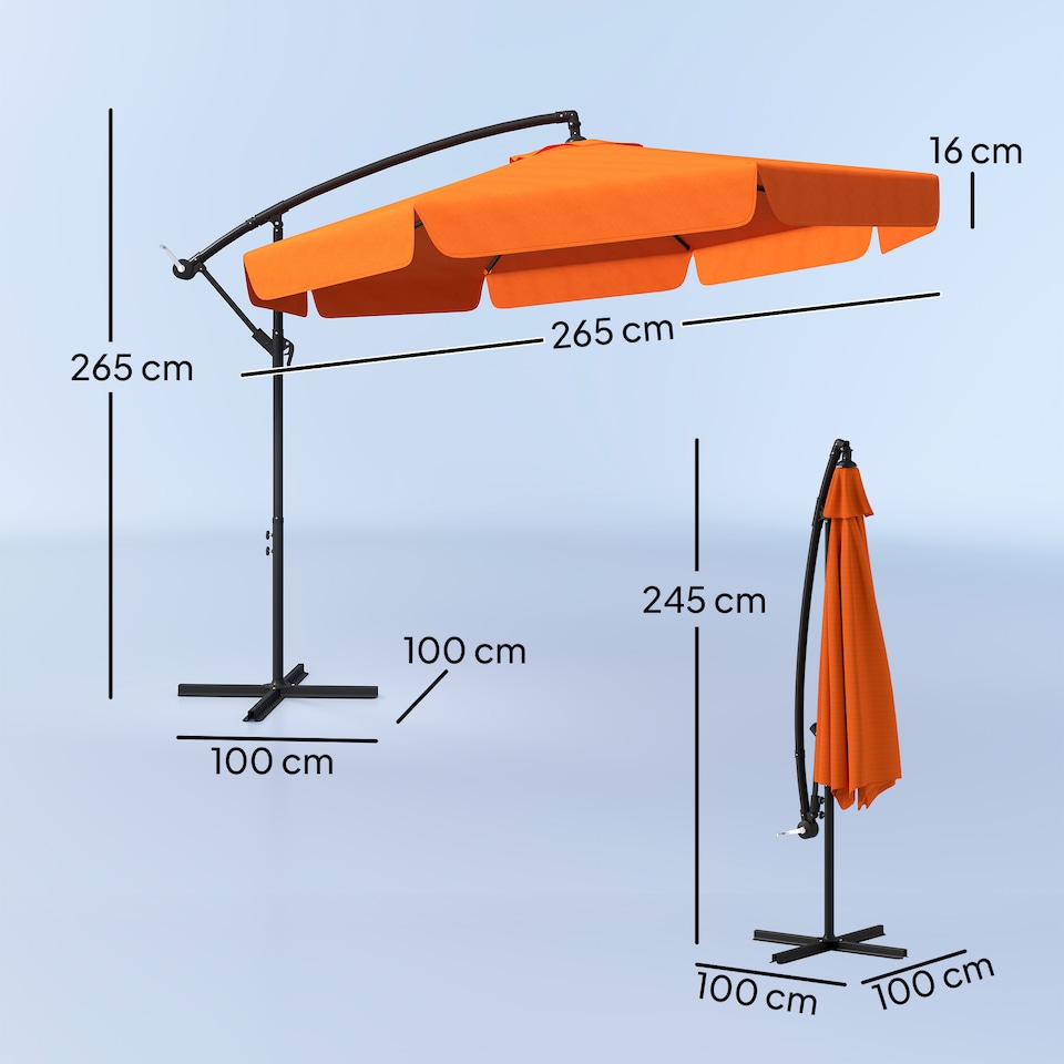 image 1 of Outsunny 2.7m Garden Banana Parasol Cantilever Umbrella with Crank Handle and Cross Base for Outdoor, Hanging Sun Shade, Orange | Orange | Orange
