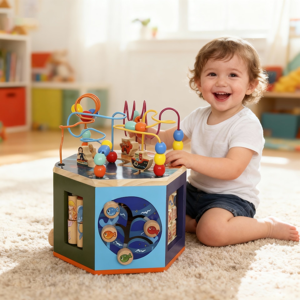 image 1 of AIYAPLAY Wooden Activity Cube for Toddlers 18 Months with Bead Maze