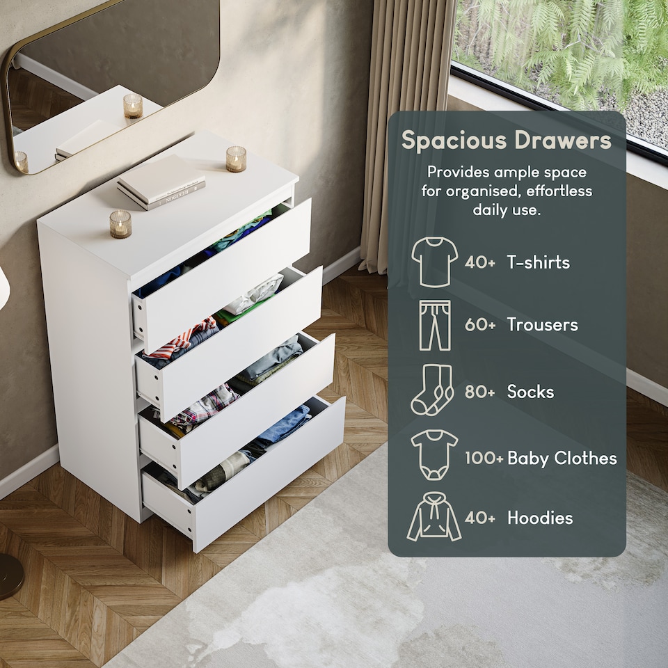 image 1 of Vida Designs Denver 4 Drawer Chest of Drawers Bedroom Storage, White