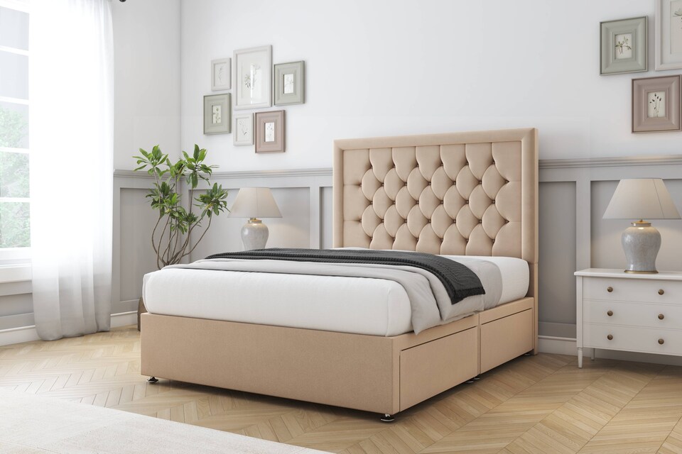 image 1 of Sloomy Montana Pebble Plush Divan Bed Base 4 Drawers With 26 Inch Strutted Headboard | Brown | Pebble | King | 1
