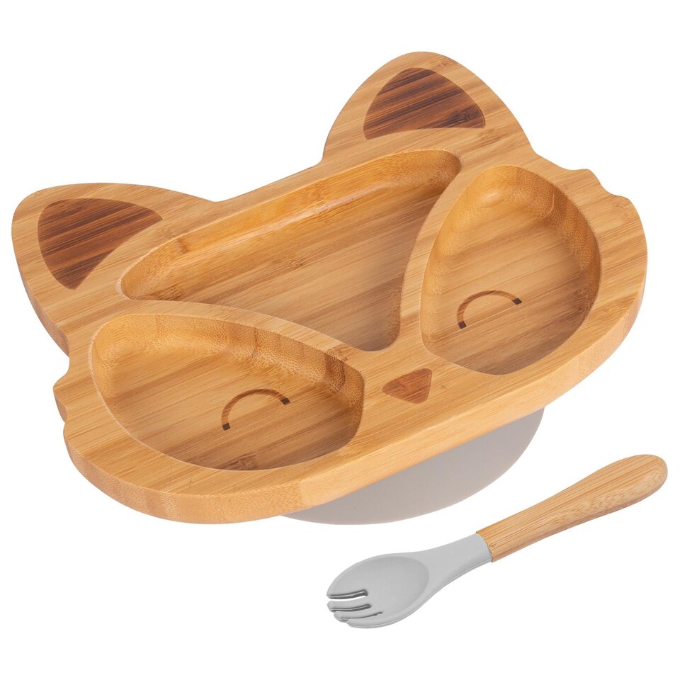 image 1 of Tiny Dining Bamboo Fox Baby Weaning Plate & Fork Set - Grey