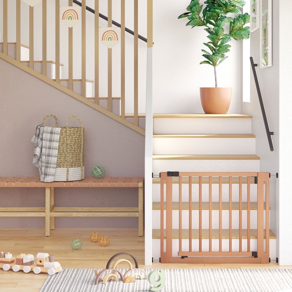image 1 of Safetots Wooden Elegance Gate, Natural, 79cm - 87cm, Pressure Fit Safety Gate, 57cm Extra Wide Doorway, Easy Installation