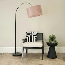 ValueLights Louis Black Arched Curved Floor Lamp with Blush Pink Velvet Drum Lamp Shade