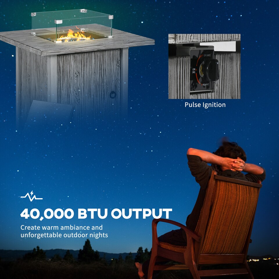 image 1 of Outsunny Propane Gas Fire Pit Table for Garden, 40000 BTU Smokeless Firepit Outdoor Patio Heater with Waterproof Cover, Glass Screen, Glass Beads and Lid, Wood Effect, 71 x 71 x 63cm, Grey