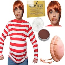Greedy Golden Ticket Winner Costume, Facepaint, Wig, Belly & Ticket Red | XL