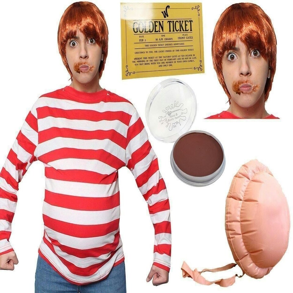 image 1 of Greedy Golden Ticket Winner Costume, Facepaint, Wig, Belly & Ticket Red | XL