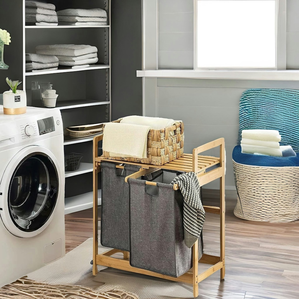 image 1 of Wooden Grey Pull Out Double Laundry Basket With Shelf Brown