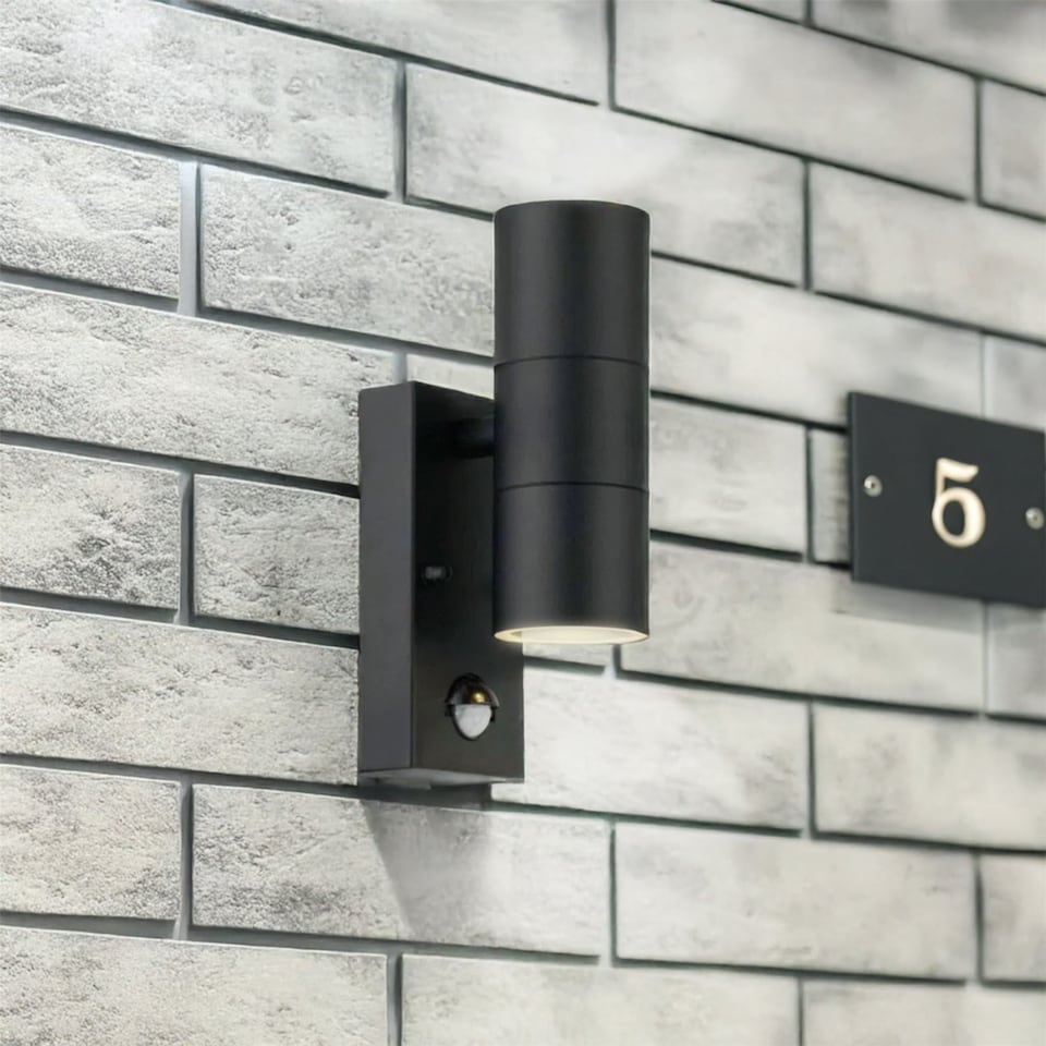 image 1 of Set of 2 Blaze - Black Outdoor Up Down Motion Sensor Wall Lights | Black | Clear | 2