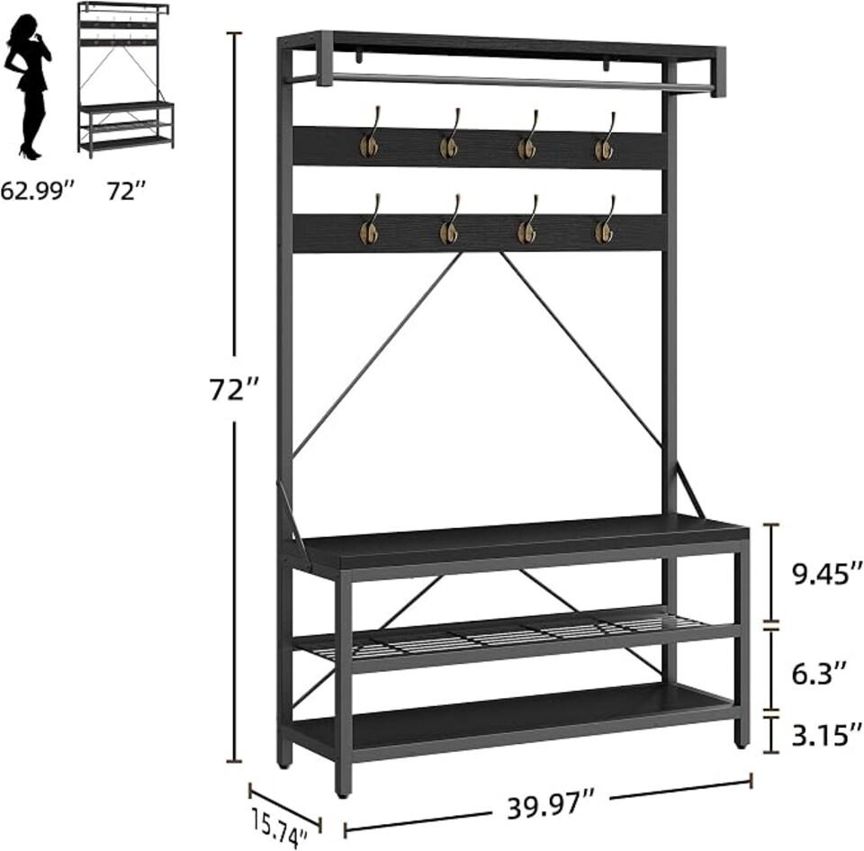 image 1 of London Boutique Hall Tree with Bench & 2-Tier Shoe Rack 102x40x183cm