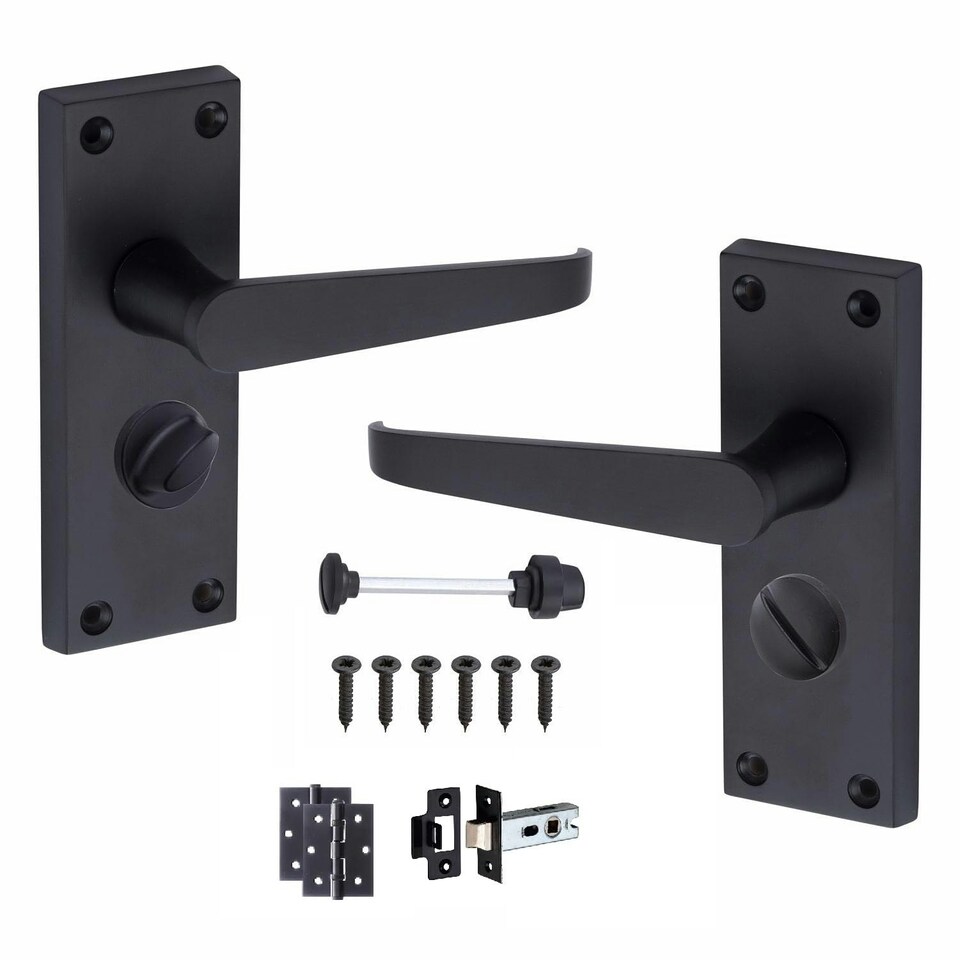 image 1 of Golden Grace Victorian Straight Handle Door Handles in Matt Black, Privacy Pack - 120mm, 1 Pair of 3" Ball Bearing Hinges and 63mm Latch | Black | 1 Set