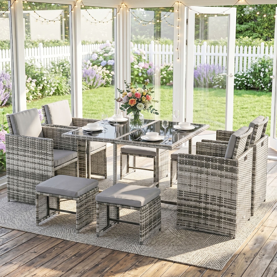 image 1 of Outsunny 8 Seater Cube Rattan Garden Dining Set with Cushions, Grey